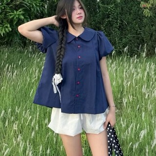 Áo sơ mi nữ kiểu cổ bèo sen tay bồng dáng babydoll form rộng xanh đen siêu xinh VANISA SM933