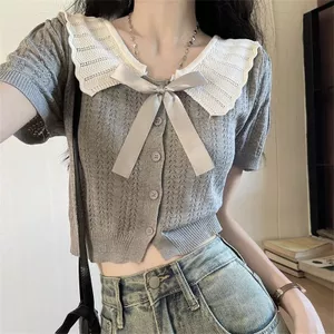 Cổ Búp Bê Rỗng Tay Ngắn Dệt Kim Cardigan Nữ Mùa Hè Ngọt Nấm Cạnh Ve Áo Ngắn Preppy Phong Cách Sang Trọng Hàng Đầu