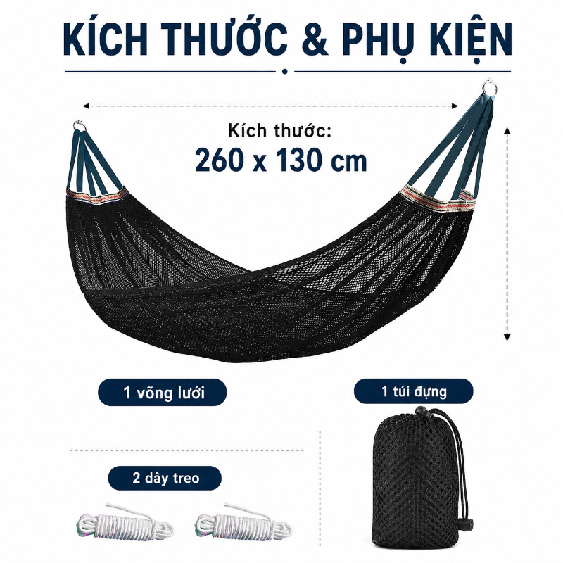 Võng Lưới Xếp Du Lịch Dã Ngoại Cán Thép – Lưới Võng Gấp Gọn, Không Dãn, Chịu Tải 250kg, Nhanh Khô