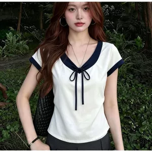 Quần áo nữ cỡ lớn Phong cách nhẹ nhàng Nơ có dây buộc cổ chữ V Áo thun ngắn tay cổ chữ V dành cho nữ mùa hè Thiết kế màu sắc tương phản hàng đầu