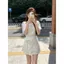 Hot Girl Tính khí Slanted Vai chấm bi eo hẹp + Váy xẻ tà Bộ đồ hai mảnh