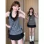 Bộ hai mảnh hai mảnh thêu phong cách giản dị Hàn Quốc dành cho nữ mùa hè Slim-fit Slimmer Look Lazy Top