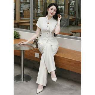 (MAY 2 LỚP )Set Bộ VEST Nữ Dài CÔNG SỞ Tay Ngắn THỜI TRANG  PHỐI NÚT Kèm Phụ Kiện  NAM LEE SHOP