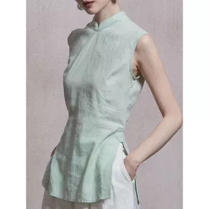 Xuân Hè Phong Cách Trung Hoa Cổ Đứng Cát Màu Trơn Áo Sơ Mi Không Tay Sườn Xám Cải Thiện Slim-Fit Ôm Hơn Nhìn Đơn Giản Đẹp Trai