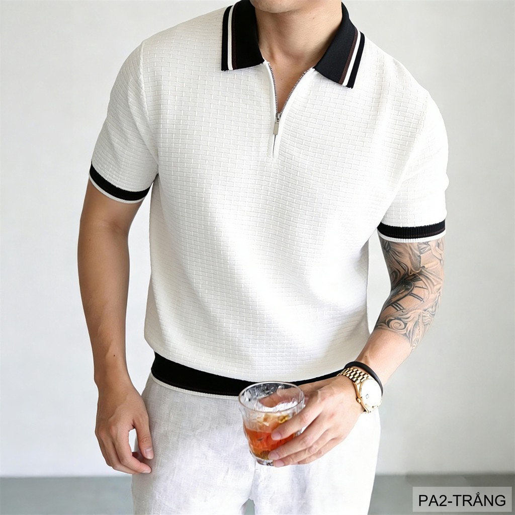 PA2 - Áo polo nam tay ngắn cổ polo kiểu dệt waffle, thoáng khí, phong cách Hàn Quốc