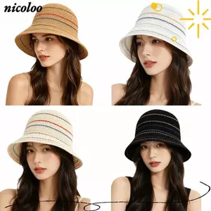Mũ ngư dân rỗng dệt kim NICOLOO, Mũ chống nắng dệt kim thủ công sọc màu, Tính khí phong cách cổ điển Màu trơn chống tia cực tím Mũ chống nắng mùa hè Du lịch