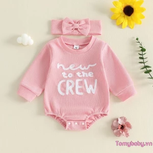 Bộ áo liền quần dài tay cổ chữ O thêu chữ cái có dây đeo đầu nơ