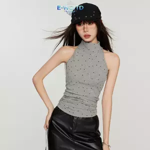E-WOITD Mùa Hè Mỹ Retro Chấm Bi Nửa Rùa Không Tay Ôm Áo Cho Nữ E-WOITD