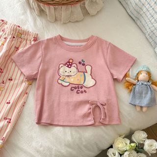 Cô Gái Mùa Hè Dễ Thương Ngộ nghĩnh In Hình Mèo Ngắn Bộ Cô Gái Kẻ Sọc Anh Đào Bloomers Quần Chống Muỗi Bộ Hai Mảnh