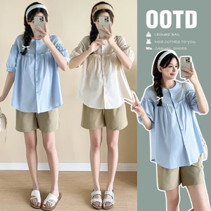 Bộ đồ bà bầu Mùa hè khâu áo sơ mi dáng rộng + Quần thường ngày Bộ đồ hai mảnh