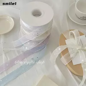 Ruy Băng Tuyết Lấp Lánh SMILE, Bó Hoa Gói 10 Sân Ruy Băng Ngôi Sao Bạc, Sáng Tạo 2.5cm Lấp Lánh DIY Trang Trí