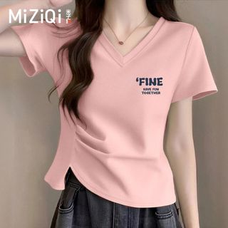 [MIZIQI] Áo thun cổ chữ V ngắn tay mùa hè dành cho nữ, xếp li mỏng hơn trông sang trọng hơn