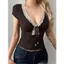 Milyfashion Pure Desire Cổ Chữ V Ren Khâu Màu Sắc Tương Phản Phối Ren Áo Thun Retro Mỏng Hơn Nhìn Ngắn Top Bé tee Ba Lê Phong Cách BQLM