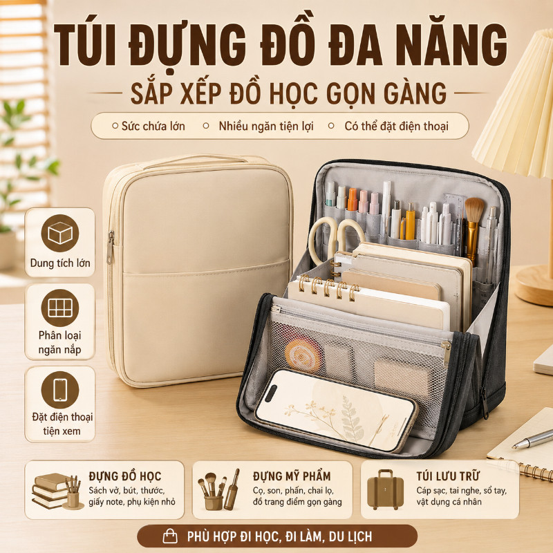 Hộp đựng bút sáng tạo dung tích lớn có ngăn chia túi đựng mỹ phẩm du lịch tiện mang theo