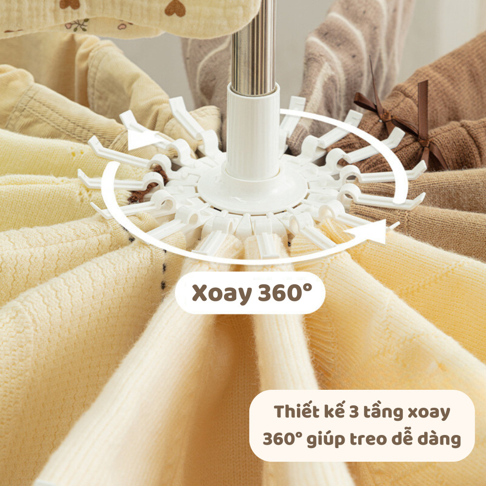 Cây Phơi Quần Áo Trẻ Em HomeMate 3 Tầng Inox 170cm, Giá Phơi Đồ Sơ Sinh 48 Kẹp Xoay 360° Gấp Gọn