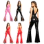 Nyeemya Nữ Bóng PU loe Áo liền quần Cổ Chữ V Sâu Không Lưng Dây Kéo Hai Đầu Chia Chuông Đáy Không Tay Unitard Rompers Câu Lạc Bộ Bodysuit