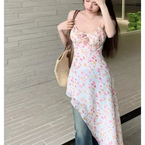 Đầm dài hoa cao cấp phong cách Hàn Quốc Váy dài không đều lá sen