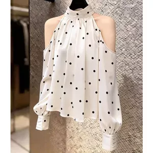 Áo sơ mi không dây chấm bi kiểu Pháp dành cho nữ Mùa hè Phong cách mới tay đèn lồng trắng Áo voan cao cấp