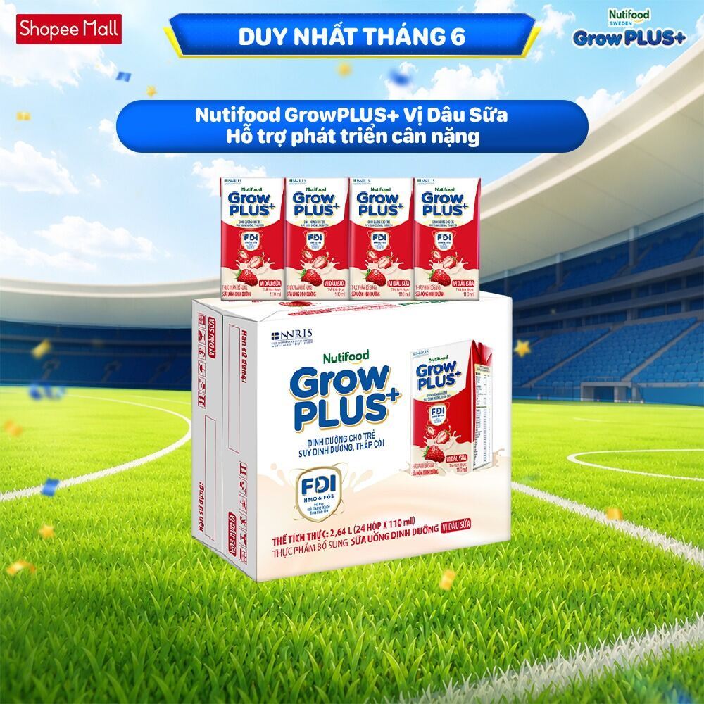 Thùng 24 hộp Sữa bột pha sẵn Nutifood GrowPLUS+ Vị Dâu hộp 110ml - Trên 1 tuổi (24 hộp x 110ml)