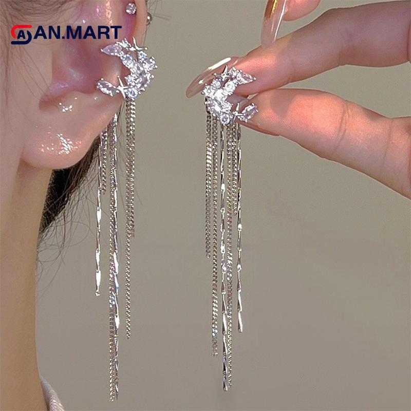 AN.MART Thời Trang Sáng Bóng Zircon Moon Star Dài sel Kẹp Tai Không Xuyên Bông Tai Thiết Kế Hợp Thời Trang Sang Trọng Nữ Vòng Đeo Tai Trang Sức Dự Tiệc VN