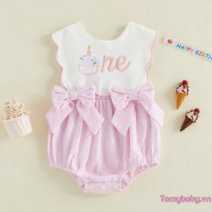 Bộ áo liền quần sinh nhật cho bé gái Bộ đồ liền thân thêu bánh không tay cổ điển