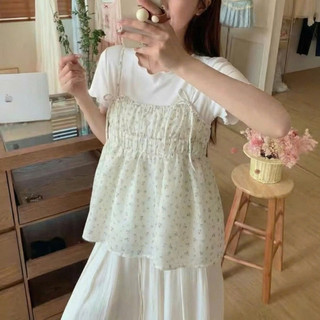 Set Váy Hoa Nhí 2 Dây Xếp Tầng Kèm Áo Thun Trắng Nữ Hàn Quốc Tiểu Thư Dịu Dàng