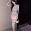 Đầm dây sọc cầu vồng sang trọng cổ vuông ôm eo hẹp Hot Girl
