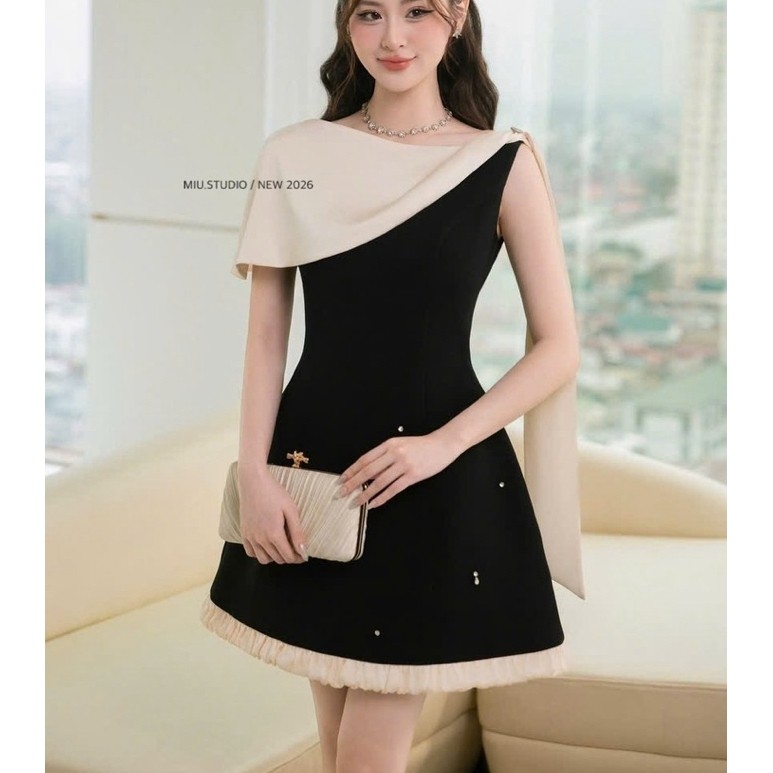 Đầm nữ lệch vai dáng ngắn phối vạt tơ khâu đá cao cấp , Váy thiết kế dáng A tiểu thư phối viền bèo thanh lịch sang chảnh