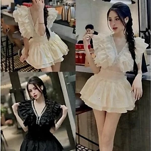 Set váy tiểu thư cổ V trang trí đá tầng và chân váy, lý tưởng cho đi chơi và dự tiệc tại Shop Uyên Fashion