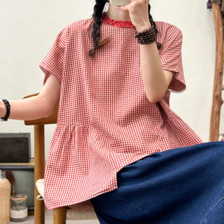 [Sẵn] Áo sơ mi nữ cổ ren cổ điển, caro, dáng rộng tay ngắn, vải cotton linen cao cấp