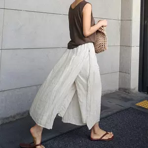 Vải Lanh Cotton Giả Hai Mảnh Culottes Vải Lanh Rời Đến Mắt Cá Chân Phiên Bản Chiều Dài Mùa Xuân Mùa Hè Văn Học Du Lịch Giải Trí Wide-Le