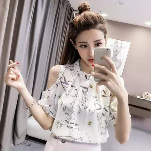 Cổ Tròn Hoa Off-the-Shoulder Áo Sơ Mi Voan Kích Thước Lớn Mỏng Hơn Nhìn Phiên Bản Thời Trang Mùa Hè Áo Sơ Mi Ngắn Tay Nhỏ