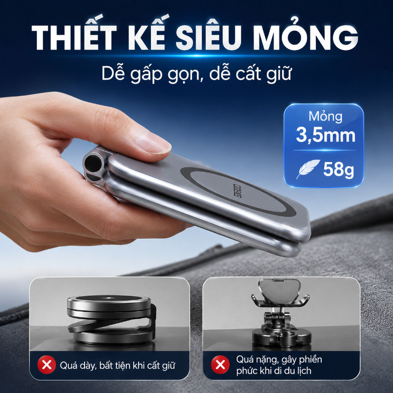 Giá Đỡ Điện Thoại Từ Tính Cho Ô Tô - Siêu Mỏng, Gập Lại, Nam Châm Mạnh & Chống Rung, Cho Bảng Điều Khiển