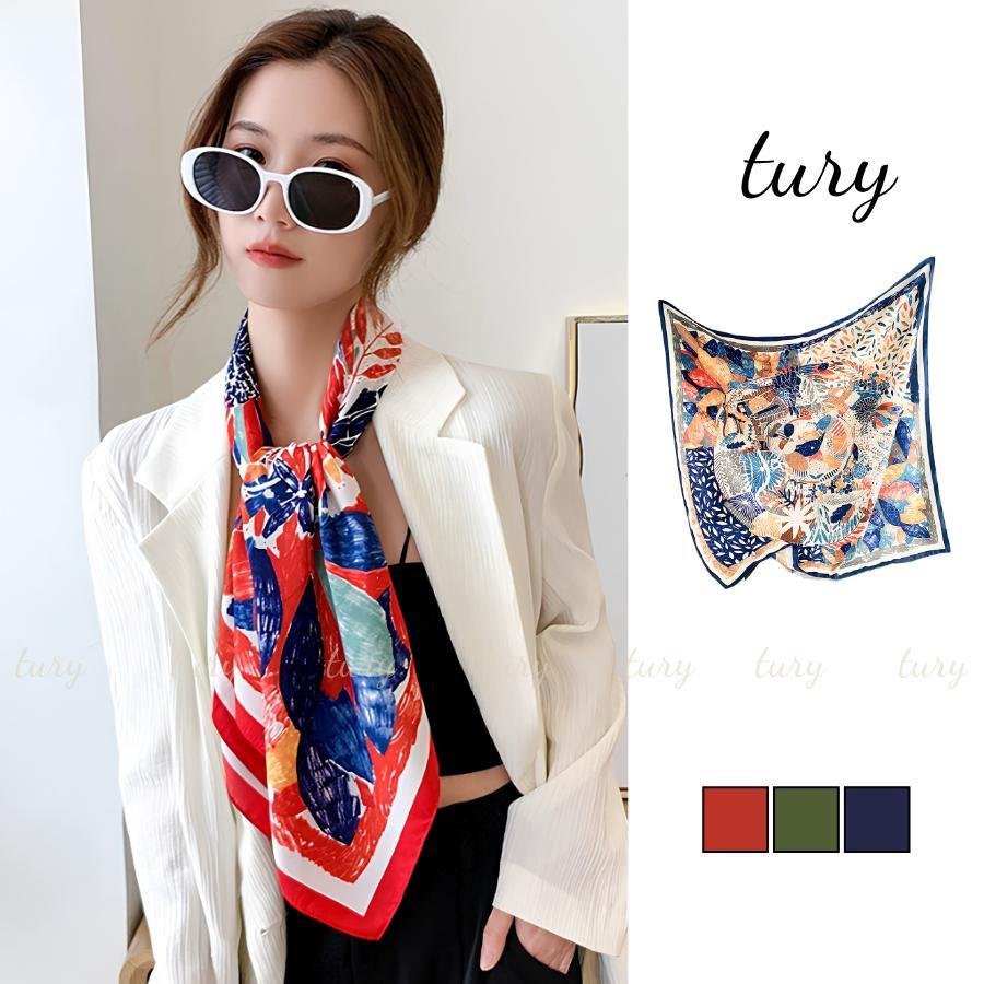 Khăn Lụa Nữ - Tury - Khăn Lụa Vuông Nữ 90x90cm Phối Họa Tiết Hoa Lá Mùa Xuân - K9077