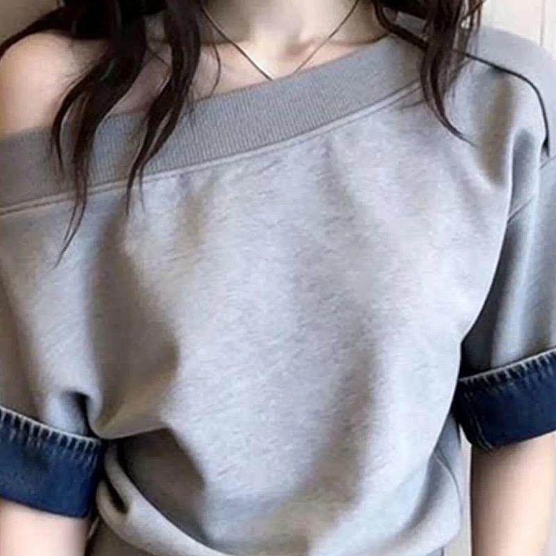 [Seckill trong thời gian có hạn] Áo thun ngắn tay trễ vai màu xám không va chạm Niche Thiết kế mùa hè dành cho nữ