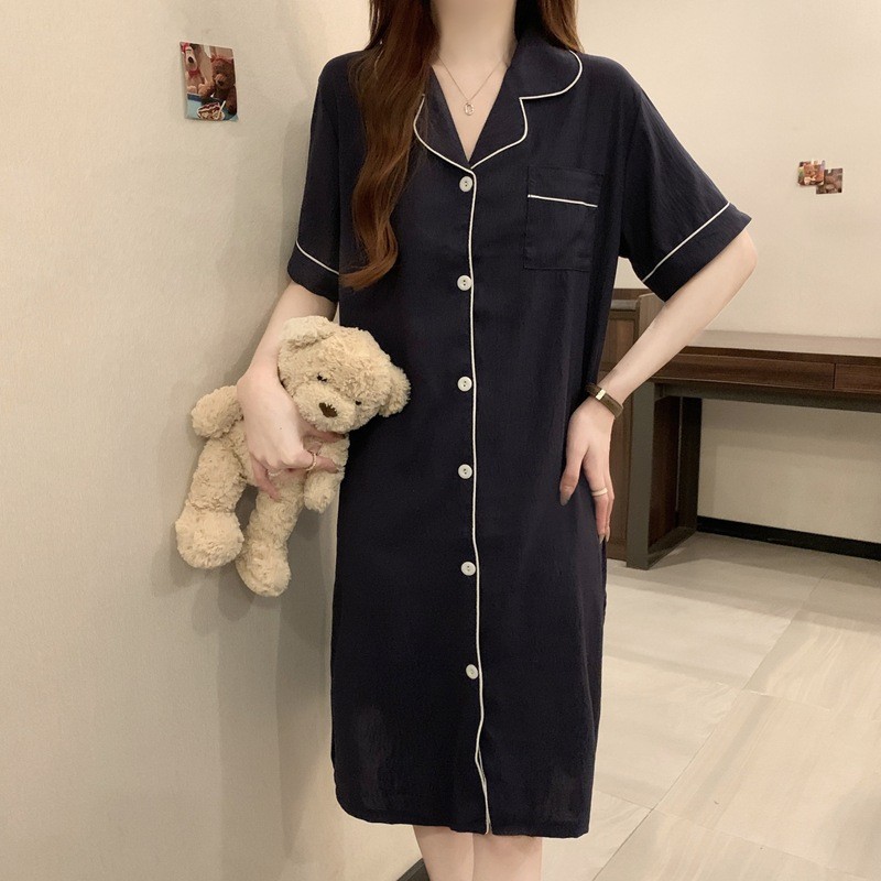 Phong Cách Mới Ngoại Thương Mây Cotton Mùa Hè Nữ Màu Trơn Áo Sơ Mi Váy Ngủ Rời Gợi Cảm Tay Ngắn Bộ Đồ Ngủ Nhà