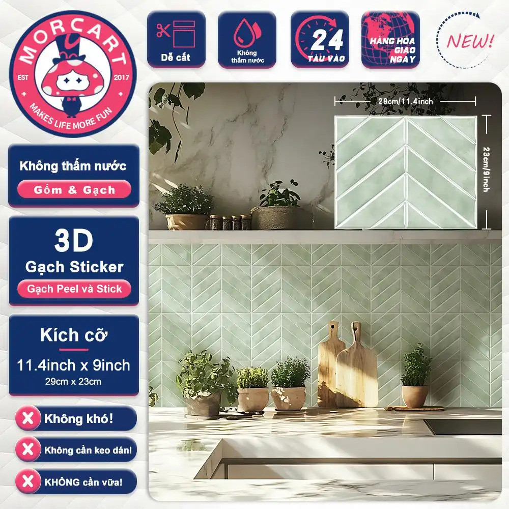 MORCART Miếng dán tường 29 x 23 cm, miếng trang trí gạch sứ, bề mặt 3D, phù hợp cho phòng bếp, phòng tắm và tường gạch sứ, chống nước và dầu mỡ, 1 tấm