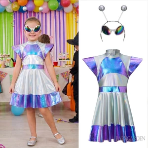 Trẻ Em Cô Gái Ngoài Hành Tinh Trang Phục Kim Loại Đầm Ăng Ten Băng Đô Và Kính Cầu Vồng Robot Cosplay Bộ Cho Tiệc Halloween