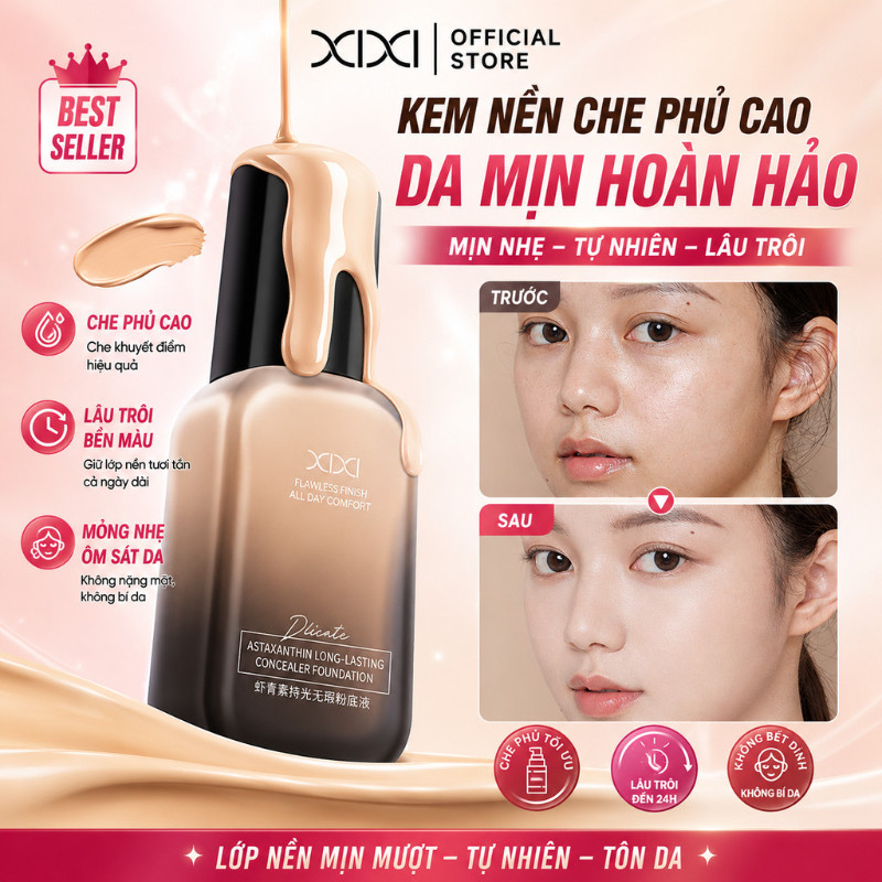 XIXI Kem Nền Lỏng Mỏng Nhẹ Che Phủ Tốt Kiềm Dầu Lâu Trôi Tự Nhiên Không Mốc Cho Da Dầu Mụn D906