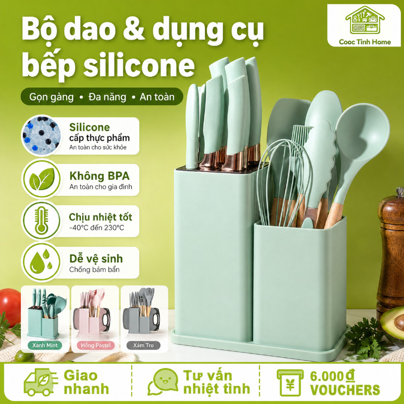 Bộ 19 Món Dao Kéo & Dụng Cụ Nhà Bếp Cao Cấp - Silicon & Thép Không Gỉ, Cán Gỗ, Tặng Kèm Thớt