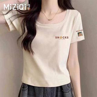 [MIZIQI] Áo thun ngắn tay phong cách đơn giản mùa hè dành cho nữ, Áo ngắn tay cổ vuông