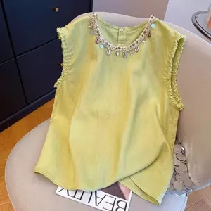 Áo sơ mi không tay màu vàng phong cách Bohemian Nữ mùa hè Vỏ rộng cổ tròn Phong cách nhẹ nhàng Áo sơ mi nhỏ hàng đầu nữ