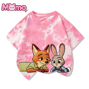 2026 Áo thun ngắn tay cổ tròn in họa tiết thêu Zootopia mới dành cho bé trai và bé gái