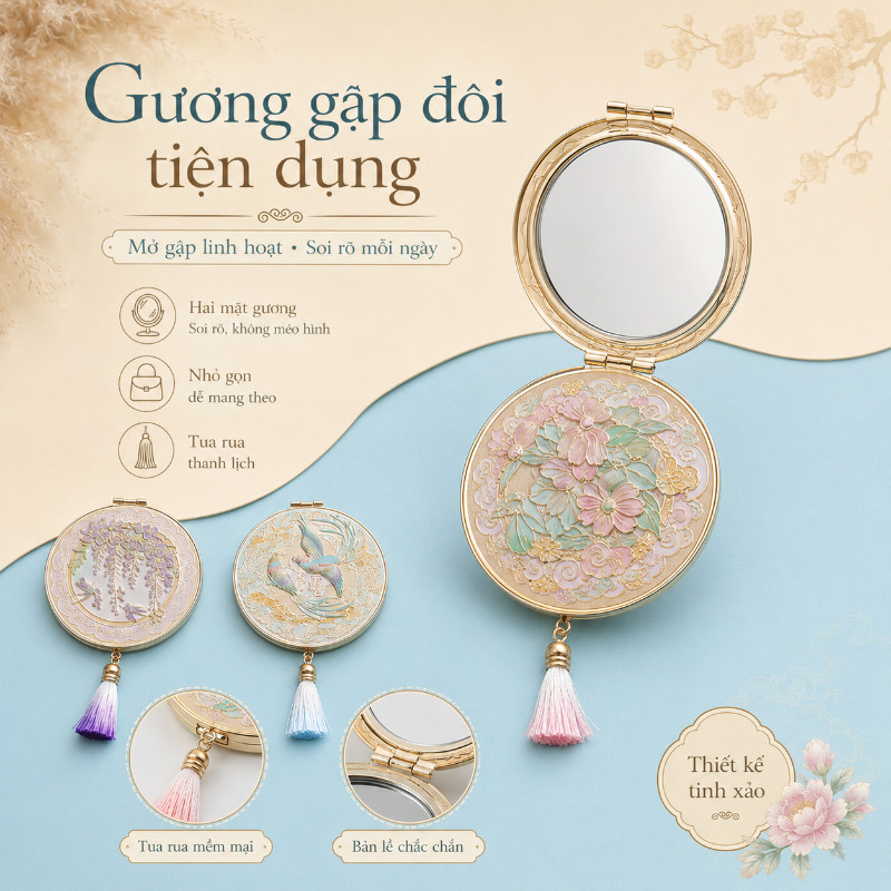 Gương cầm tay gương cổ trang mini phong cách Trung Hoa hoa văn tinh xảo quà tặng bạn gái