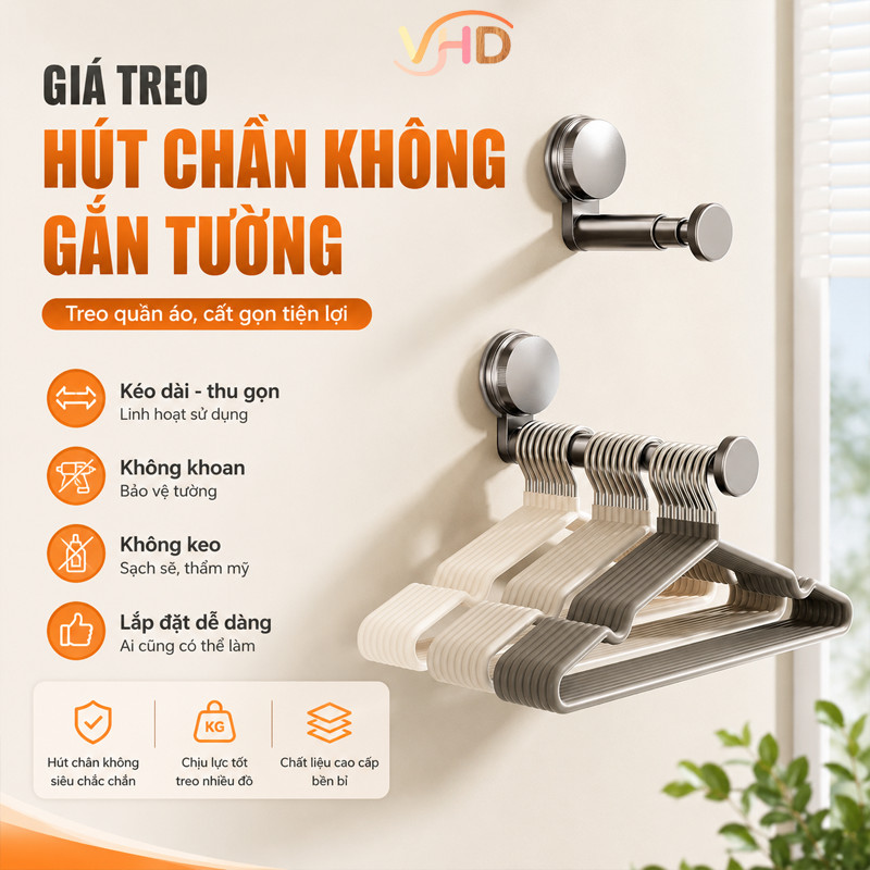 Giá Treo Hút Chân Không Gắn Tường - Kéo Dài Thu Gọn, Không Khoan, Không Keo, Lắp Đặt Dễ Dàng