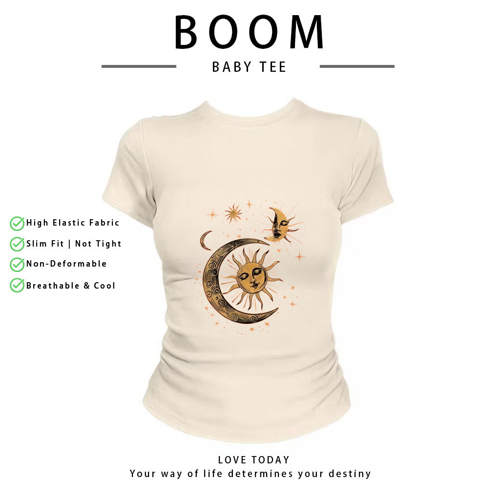 BOOM Áo Baby Tee Nữ Cotton Ôm Body-Áo Thun Ngắn Tay Y2K In Hình PhongCách Mùa Hè, Cổ Tròn Hàng Đầucách hàn quốc phong&18
