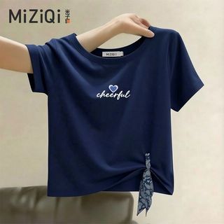 【MIZIQI]】áo kiểu nữ Khăn lụa phong cách mới có dây xếp ly ngắn nữ, Áo nữ ngắn tay cổ tròn đơn giản