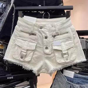 Phiên bản Hàn Quốc High Eo Hot Girl Off-White Dụng cụ nhiều túi có dây kéo Quần short Denim nóng