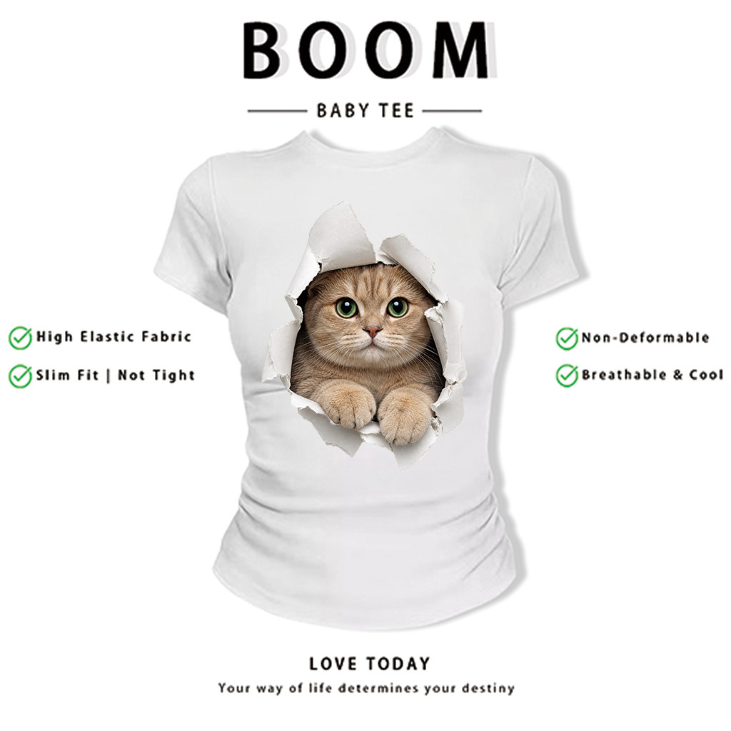 BOOM Áo Baby Tee Nữ Cotton Ôm Body-Áo Thun Ngắn Tay Y2K In Hình PhongCách Mùa Hè, Cổ Tròn Hàng Đầucách hàn quốc phong&61
