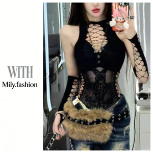 Milyfashion Co Giãn Cao Y2K Gợi Cảm Bướm Jacquard Liền Mạch Mặc Bên Ngoài Sling Tay Áo Miễn Phí Nhìn Xuyên Rỗng Q8KX